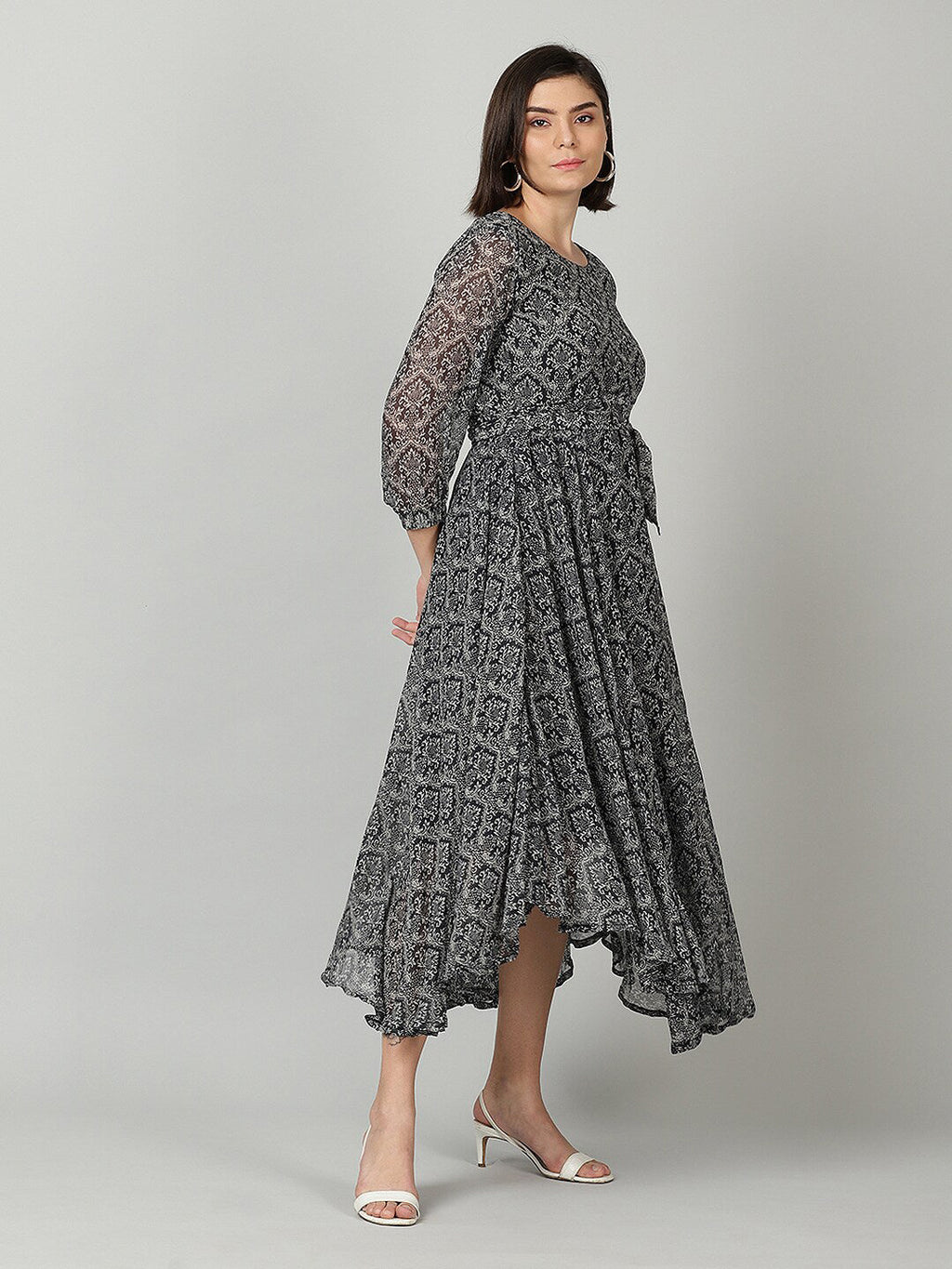 Souchii Women Grey & Black Ethnic Motifs Chiffon A-Line Midi Dress - Distacart