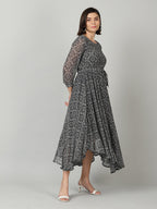 Souchii Women Grey & Black Ethnic Motifs Chiffon A-Line Midi Dress - Distacart