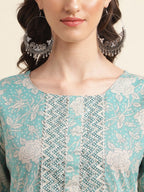Sangria Green & Cream Floral Printed Pure Cotton Straight Kurta With Trouser