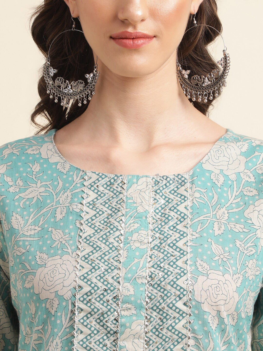 Sangria Green & Cream Floral Printed Pure Cotton Straight Kurta With Trouser