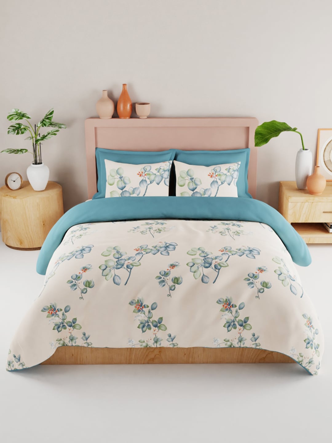 BIANCA Beige & Green Floral 186 TC King Bedsheet with 2 Pillow Covers