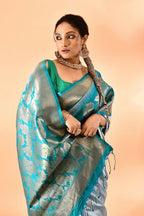 Joban Fashion Sky Blue & Rama Plain With Weaving Border Banarasi Silk Sarees