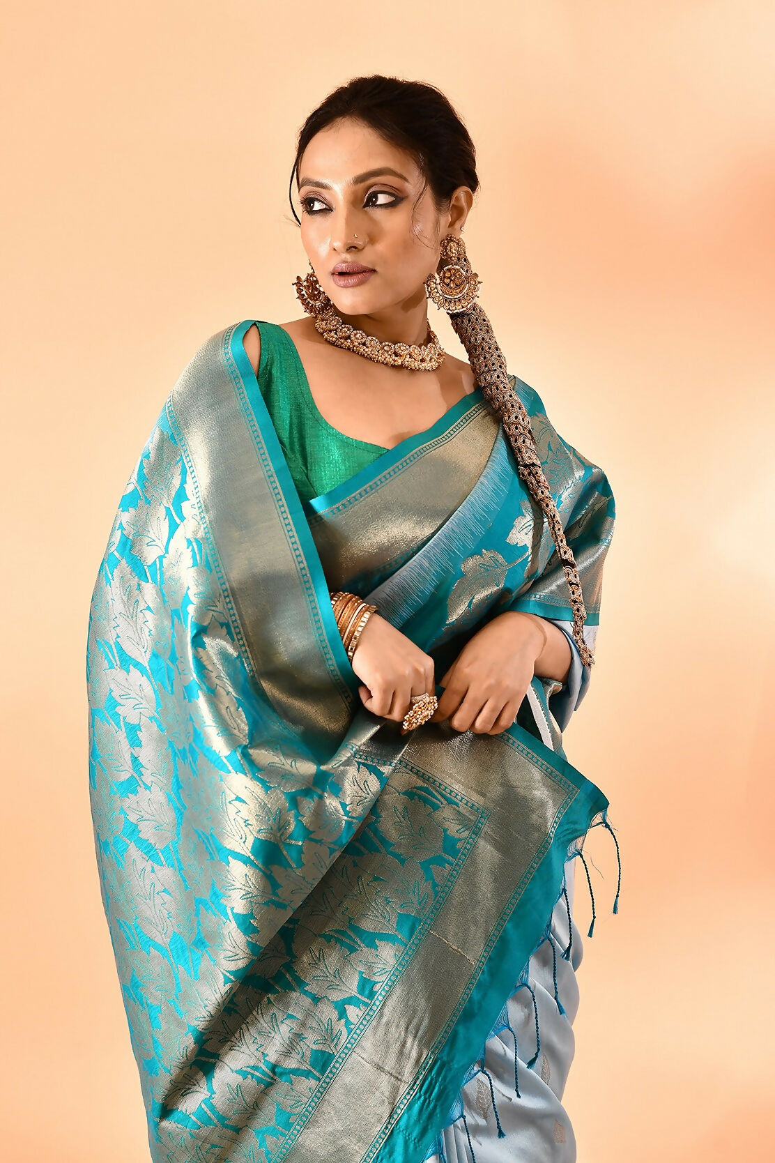 Joban Fashion Sky Blue & Rama Plain With Weaving Border Banarasi Silk Sarees
