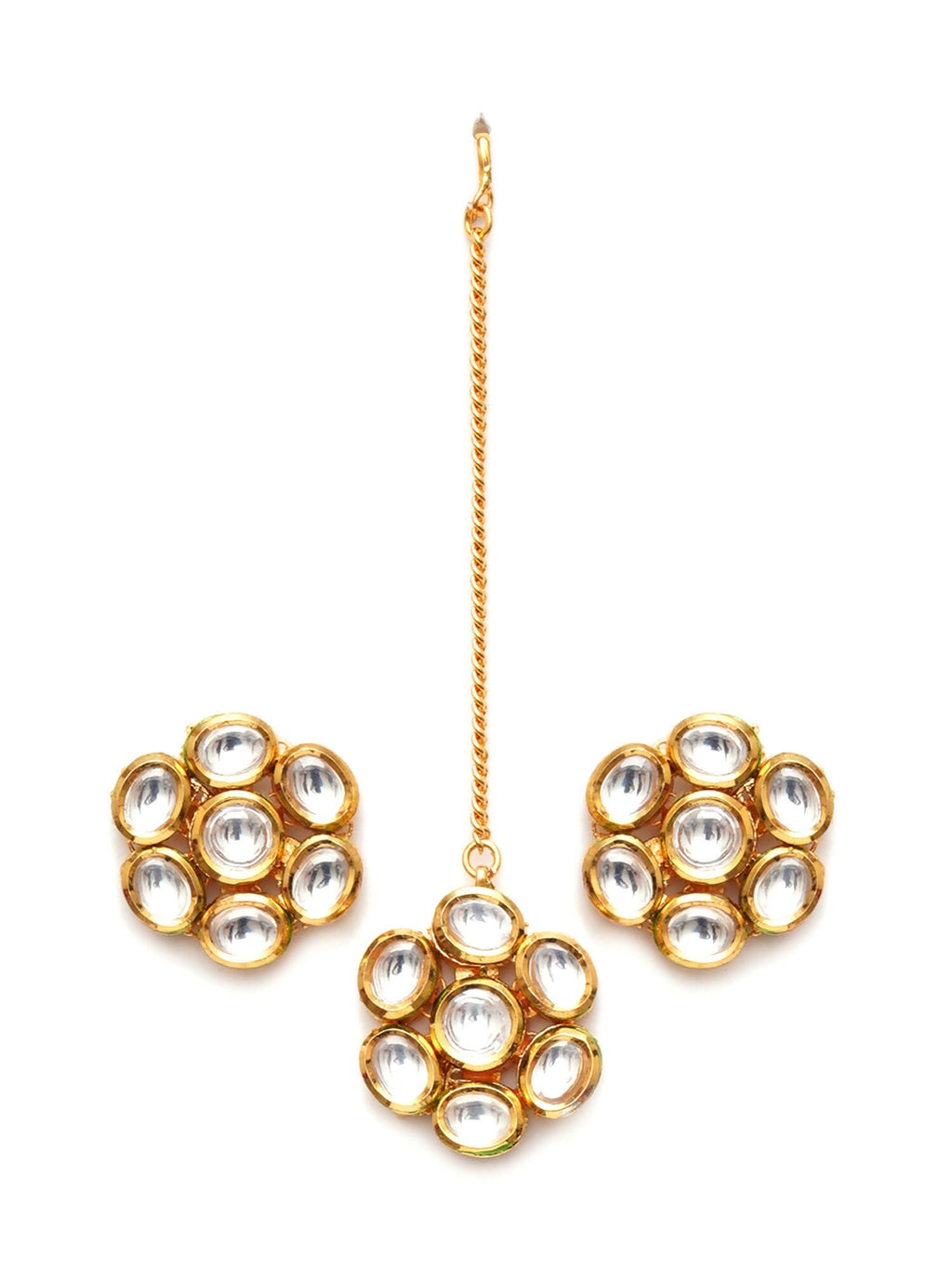 Kundan Round Maang Tikka with Studs Jewellery Set (Gold) - Ruby Raang