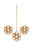 Kundan Round Maang Tikka with Studs Jewellery Set (Gold) - Ruby Raang