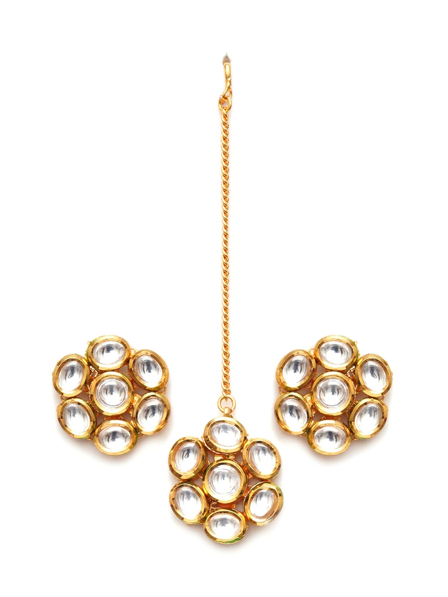 Kundan Round Maang Tikka with Studs Jewellery Set (Gold) - Ruby Raang