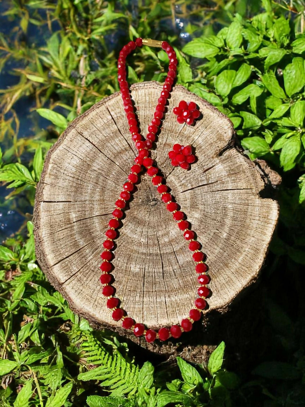 Inhanns Crystal Bloom – Single Line Necklace + Studs - Dark Red