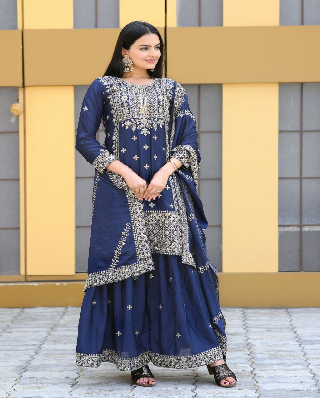 Yash Enterprise Alluring Chinon Silk Navy Blue Embroidery Work Readymade Salwar Suit - Distacart