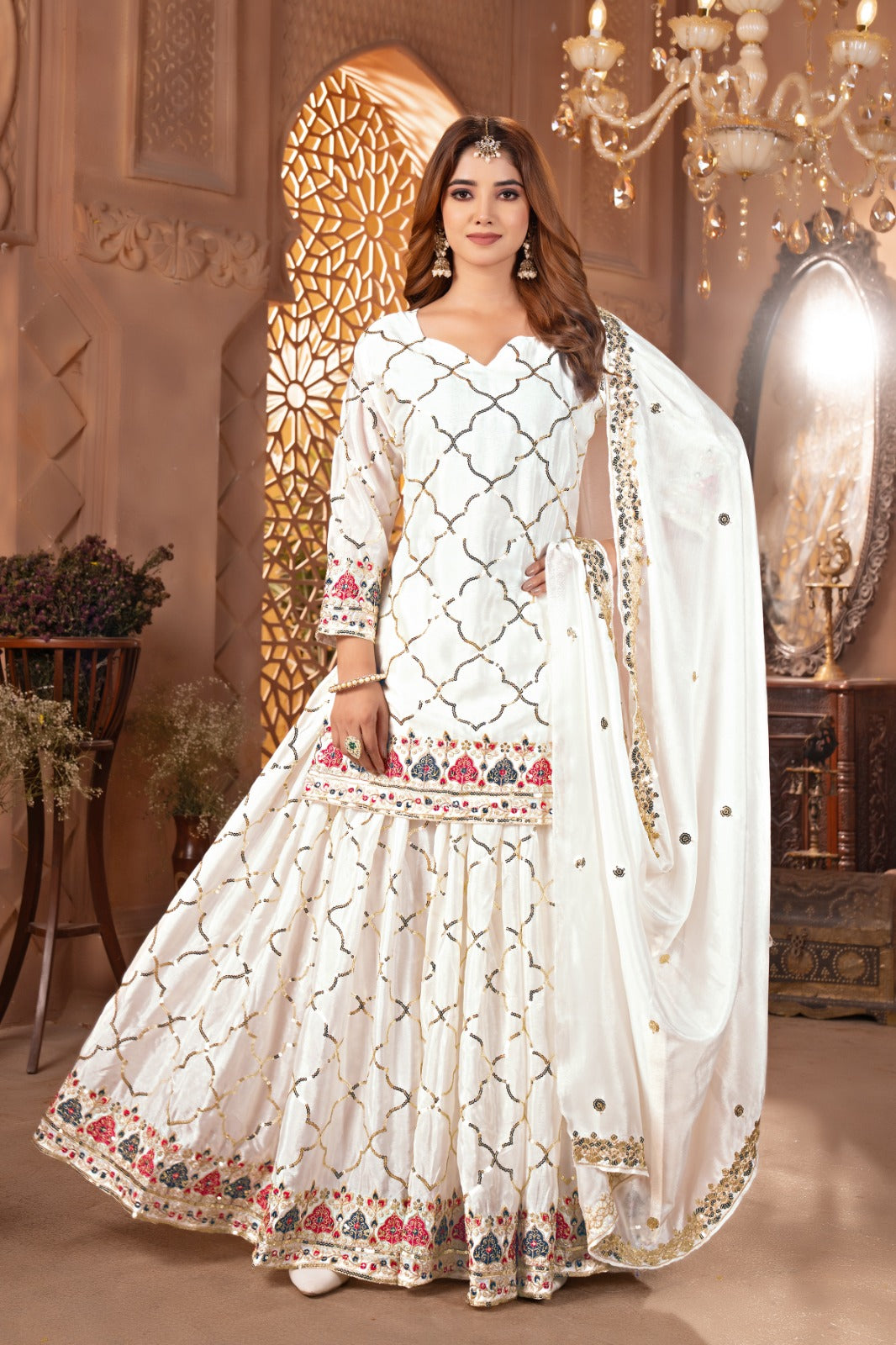 Yash Enterprise White Chinon Silk Embroidery Party Wear Suit Set - Distacart