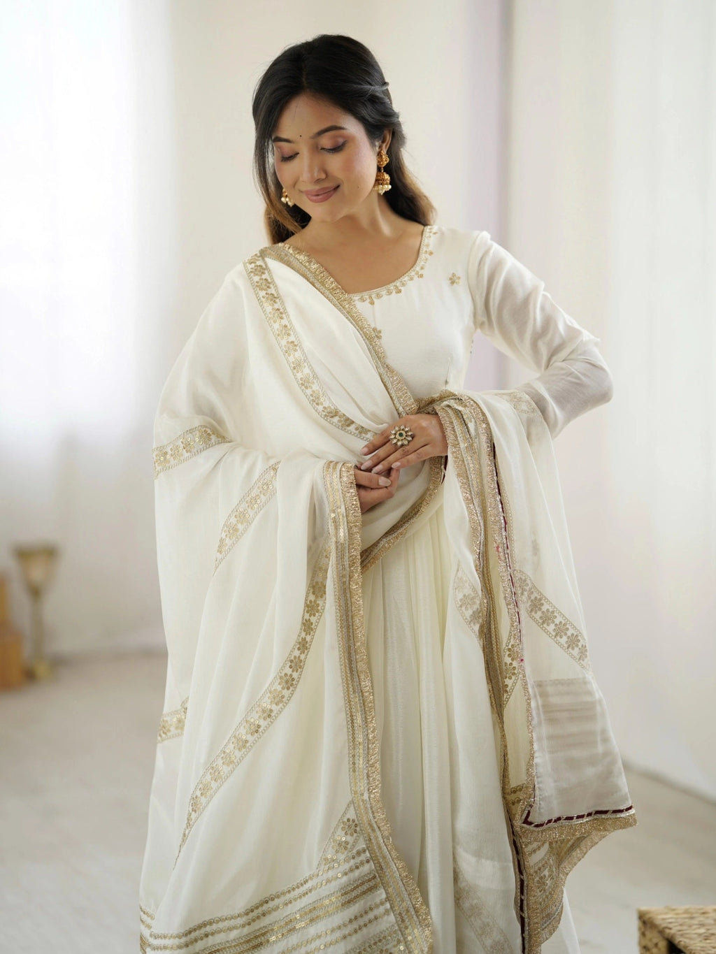 Yash Enterprise Off White Chinon Silk Party Wear Embroidery Suit Set - Distacart