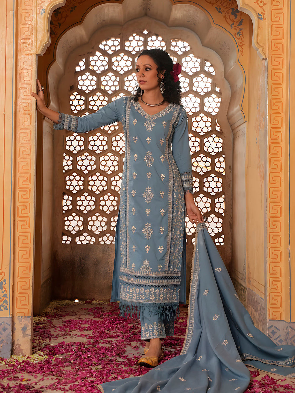 Embroidered & Lace Detailed Kurta With Pant & Embroidered Dupatta Luxury, Multicolor - Hiral Fashion - Distacart