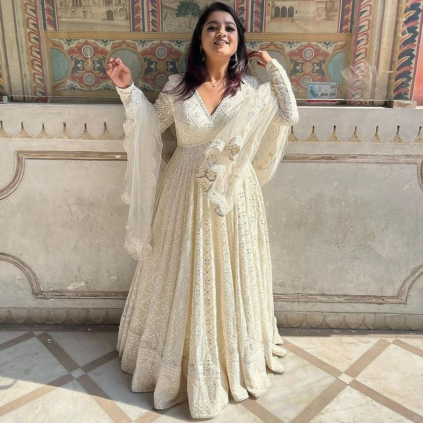 Yash Enterprise Off White Luckhnowi Sequins Work Party Wear Suit Set - Distacart