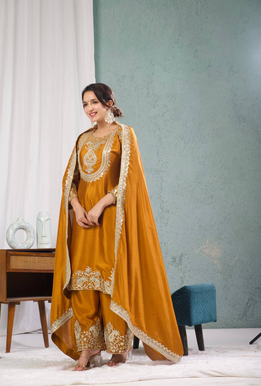 Yash Enterprise Gold Chinnon Silk Embroidery Party Wear Suit Set - Distacart