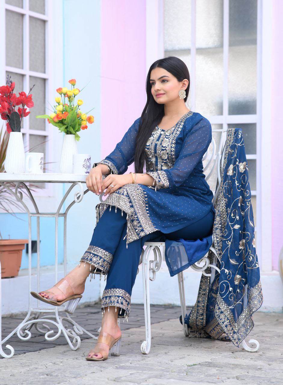 Yash Enterprise Alluring Fox Georgette Blue Embroidery Work Readymade Salwar Suit - Distacart