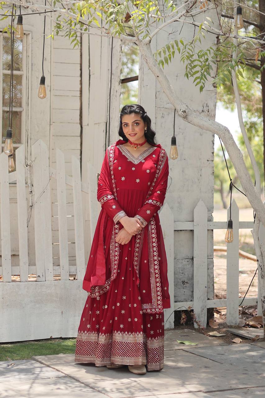 Yash Enterprise Maroon Faux Blooming With Sequins Embroidered Multi-Sequins Work Suit Set - Distacart