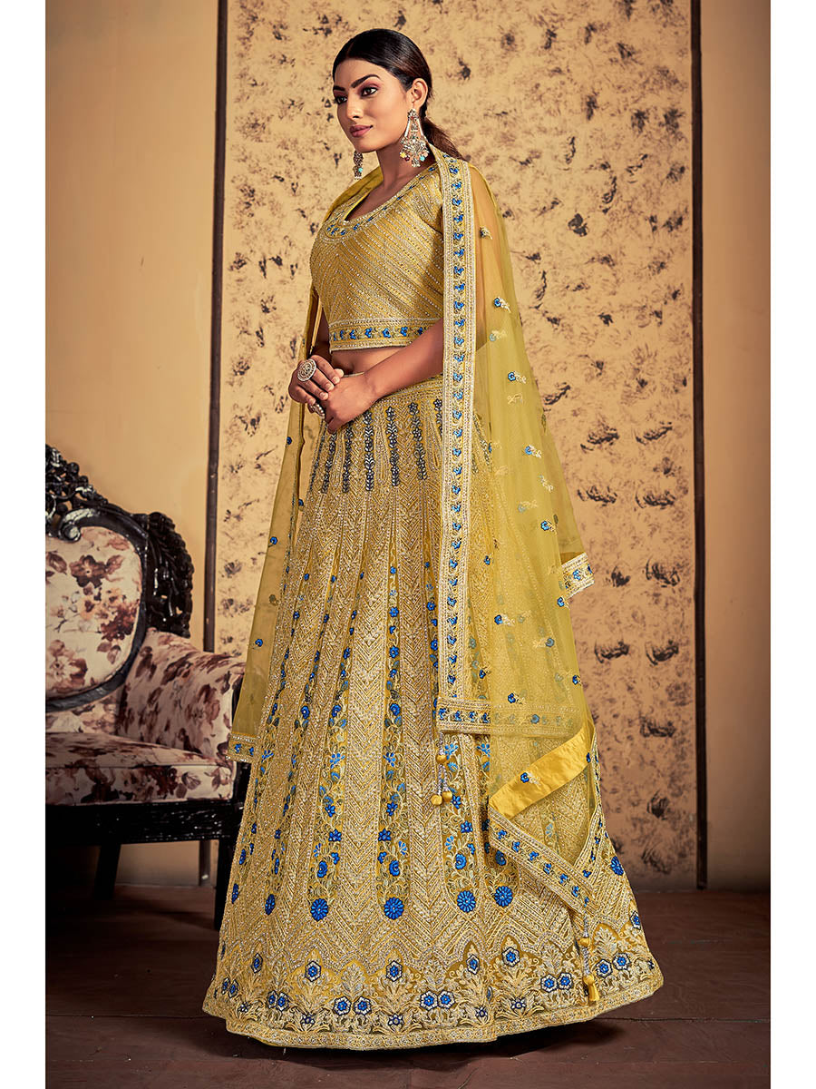 Myra Mustard Soft Net Heavy Embroidered Designer Lehenga