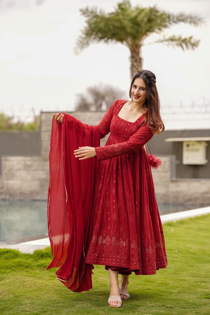 Yash Enterprise Marron Embroidered Georgette Suit Set - Distacart