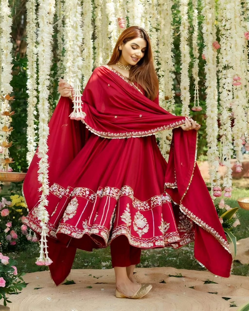Yash Enterprise Red Roman Silk Embroidery Suit Set - Distacart