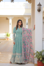 Yash Enterprise Sea Green Georgette Embroidered Long Kurti SetWith Multicolour Dupatta - Distacart