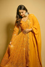 Yash Enterprise Beautiful Yellow Faux Embroidered Wedding Wear Gown With Dupatta - Distacart