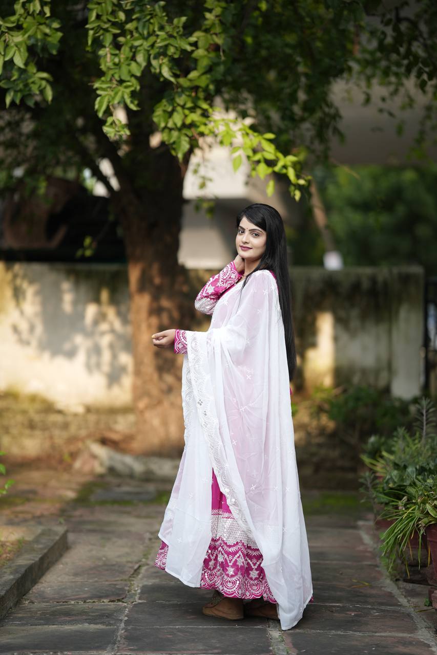 Yash Enterprise Pink Faux Georgette Embroidery Work Party Wear Suit Set - Distacart