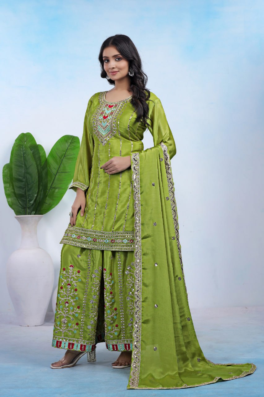 Yash Enterprise Green Chinon Silk Party Wear Embroidery Suit Set - Distacart
