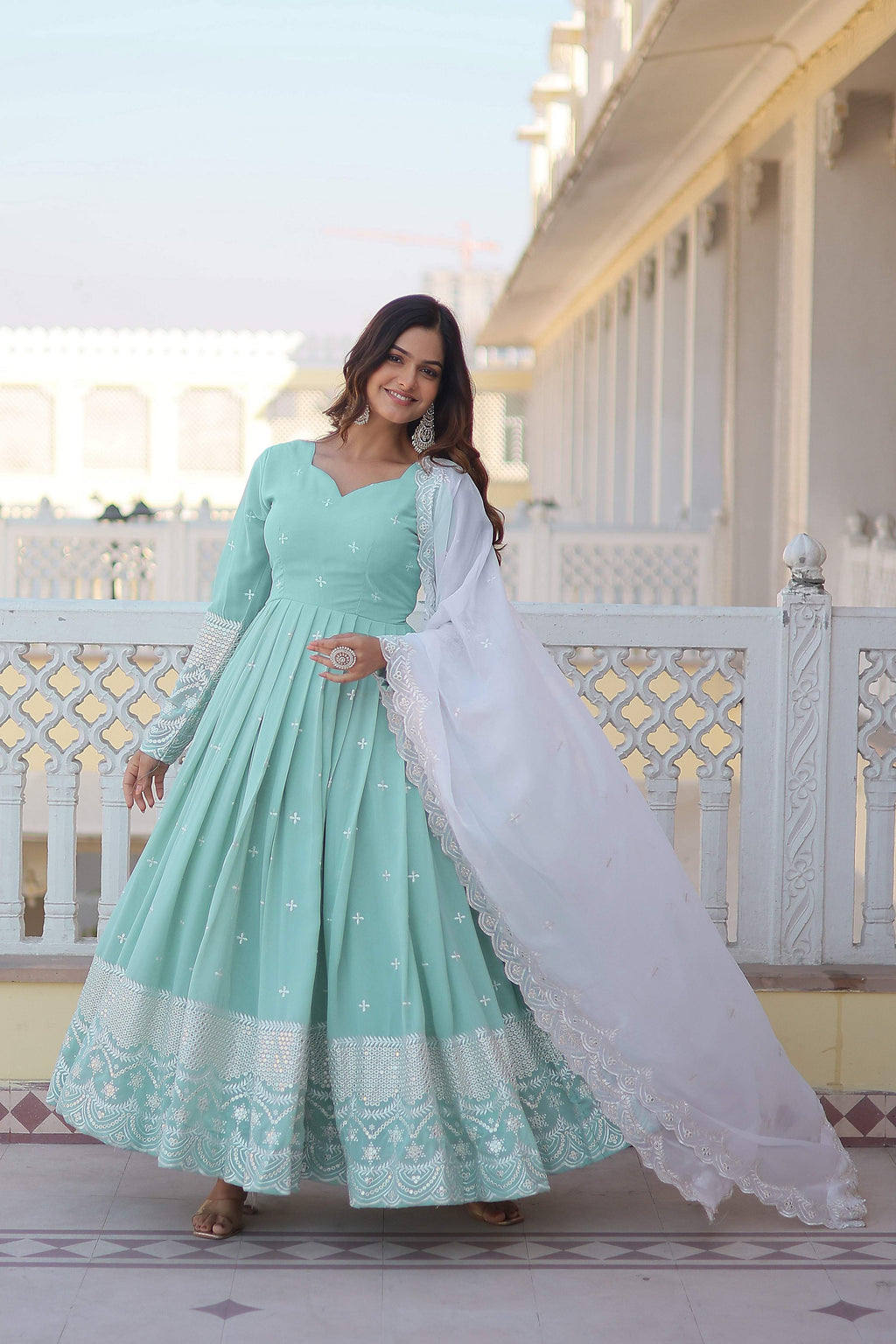 Yash Enterprise Green Pista Faux Georgette Party Wear Embroidery Suit Set - Distacart