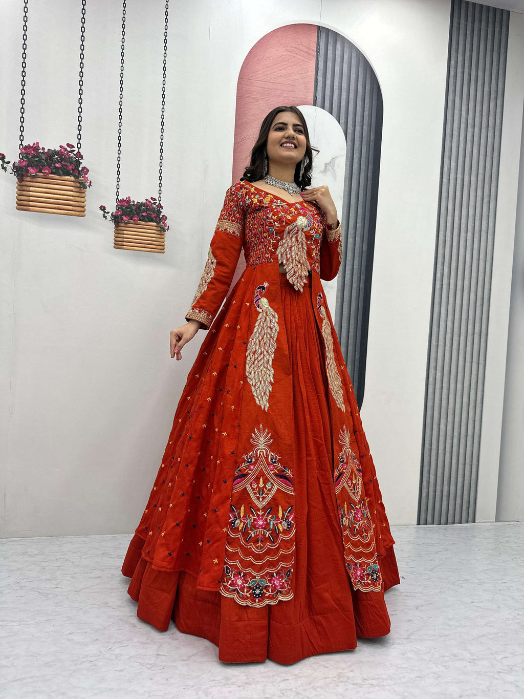 Yash Enterprise Orange Vichitra Silk Party Wear Embroidery Crop Top With Blouse Lehenga Choli - Distacart
