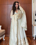 Yash Enterprise Of White Chinon Silk With Embroidery Zari Sequins-Work - Distacart