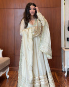 Yash Enterprise Of White Chinon Silk With Embroidery Zari Sequins-Work - Distacart