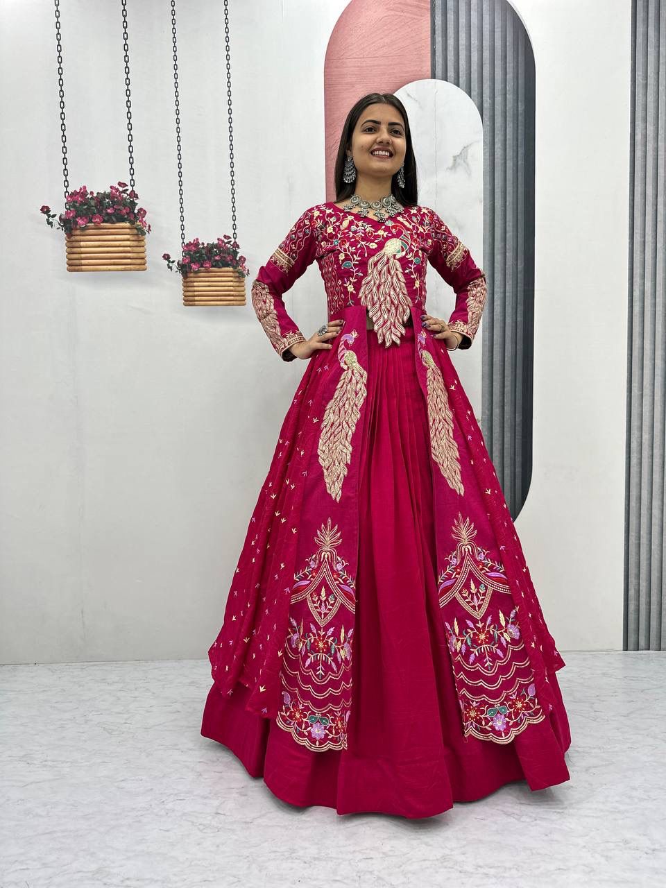 Yash Enterprise Red Vichitra Silk Party Wear Embroidery Crop Top With Blouse Lehenga Choli - Distacart