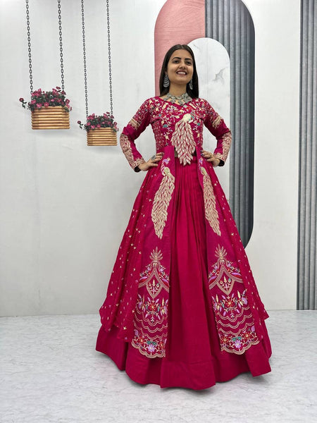 Yash Enterprise Red Vichitra Silk Party Wear Embroidery Crop Top With Blouse Lehenga Choli