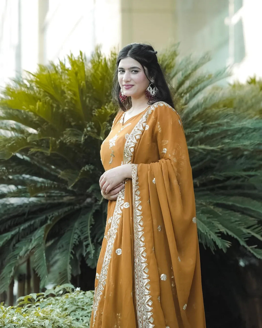 Yash Enterprise Mustard Georgette And Silk Embroidered Anarkali Salwar Suit - Distacart