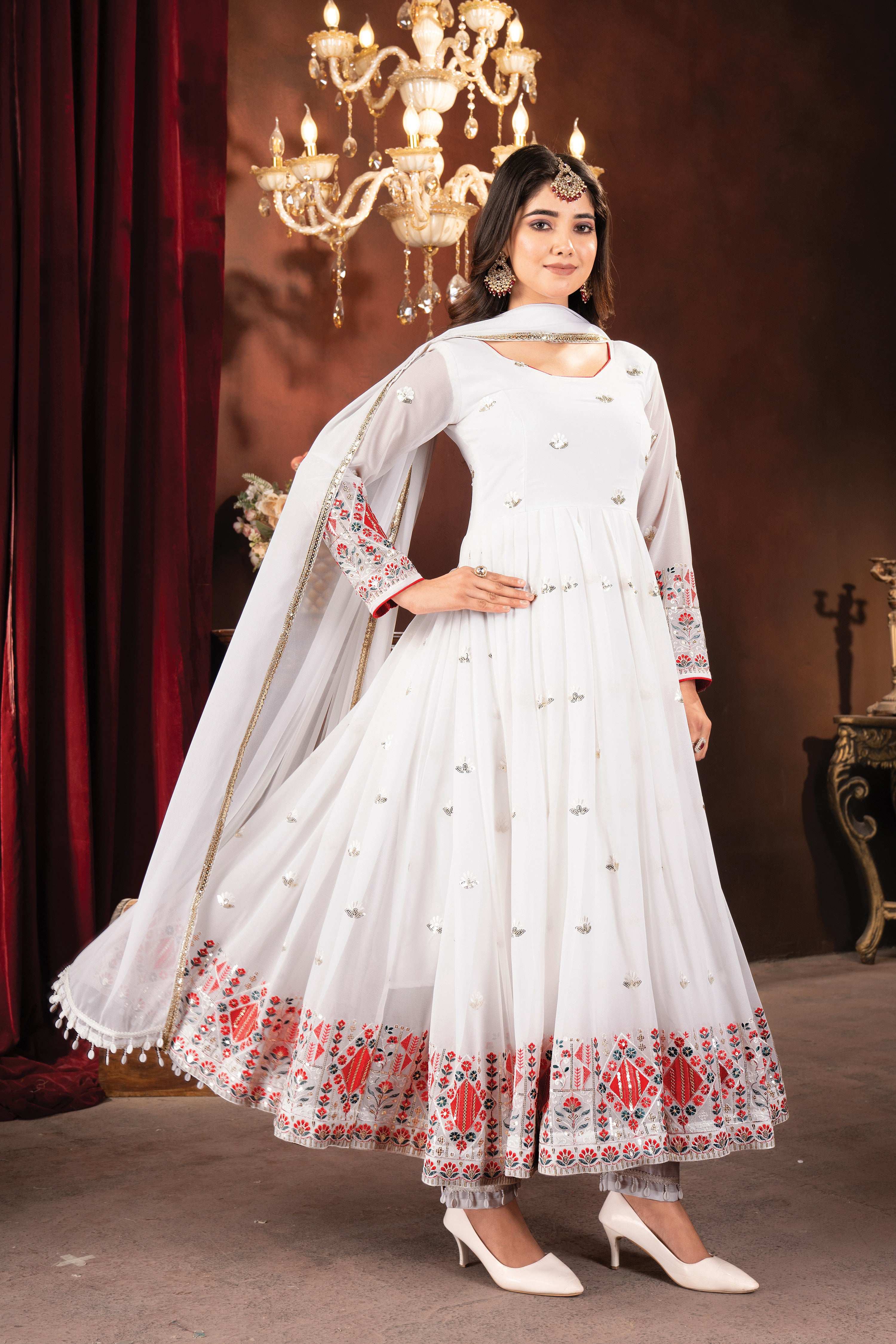 Yash Enterprise White Faux Blooming Embroidery Party Wear Suit Set - Distacart