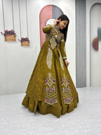 Yash Enterprise Mahendi Green Vichitra Silk Party Wear Embroidery Crop Top With Blouse Lehenga Choli - Distacart