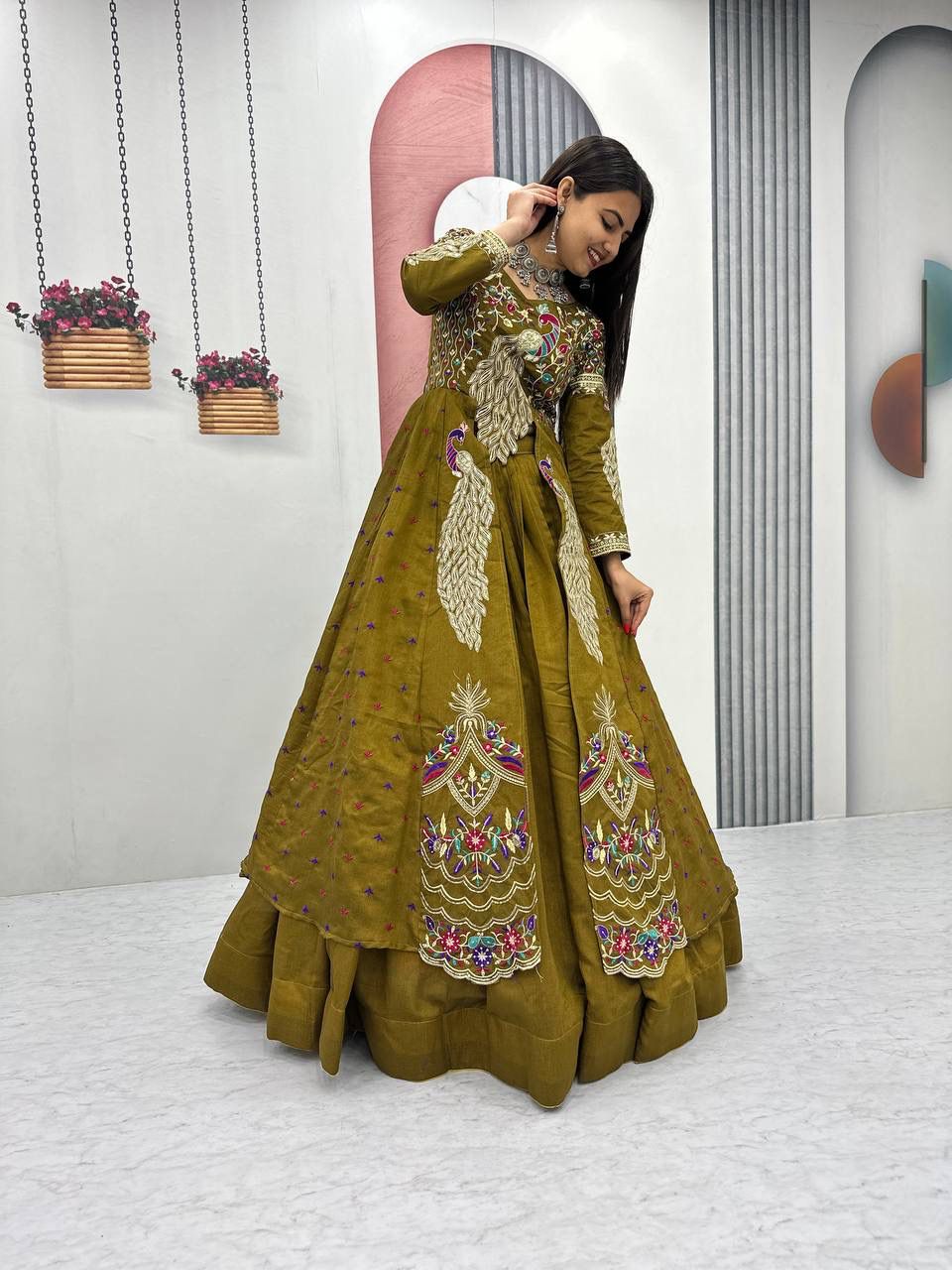 Yash Enterprise Mahendi Green Vichitra Silk Party Wear Embroidery Crop Top With Blouse Lehenga Choli - Distacart