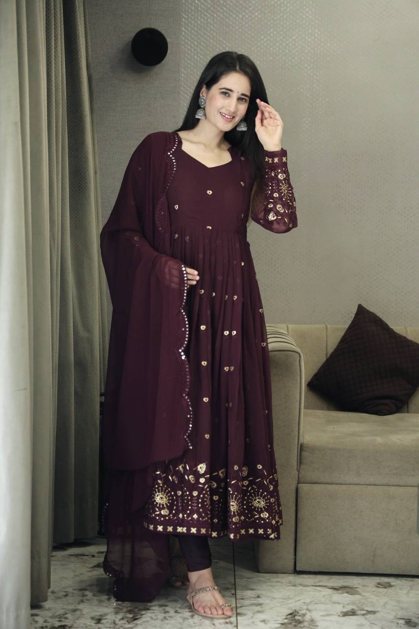 Yash Enterprise Maroon Anarkali Salwar Suit With Mirror And Gota Patti Work - Distacart