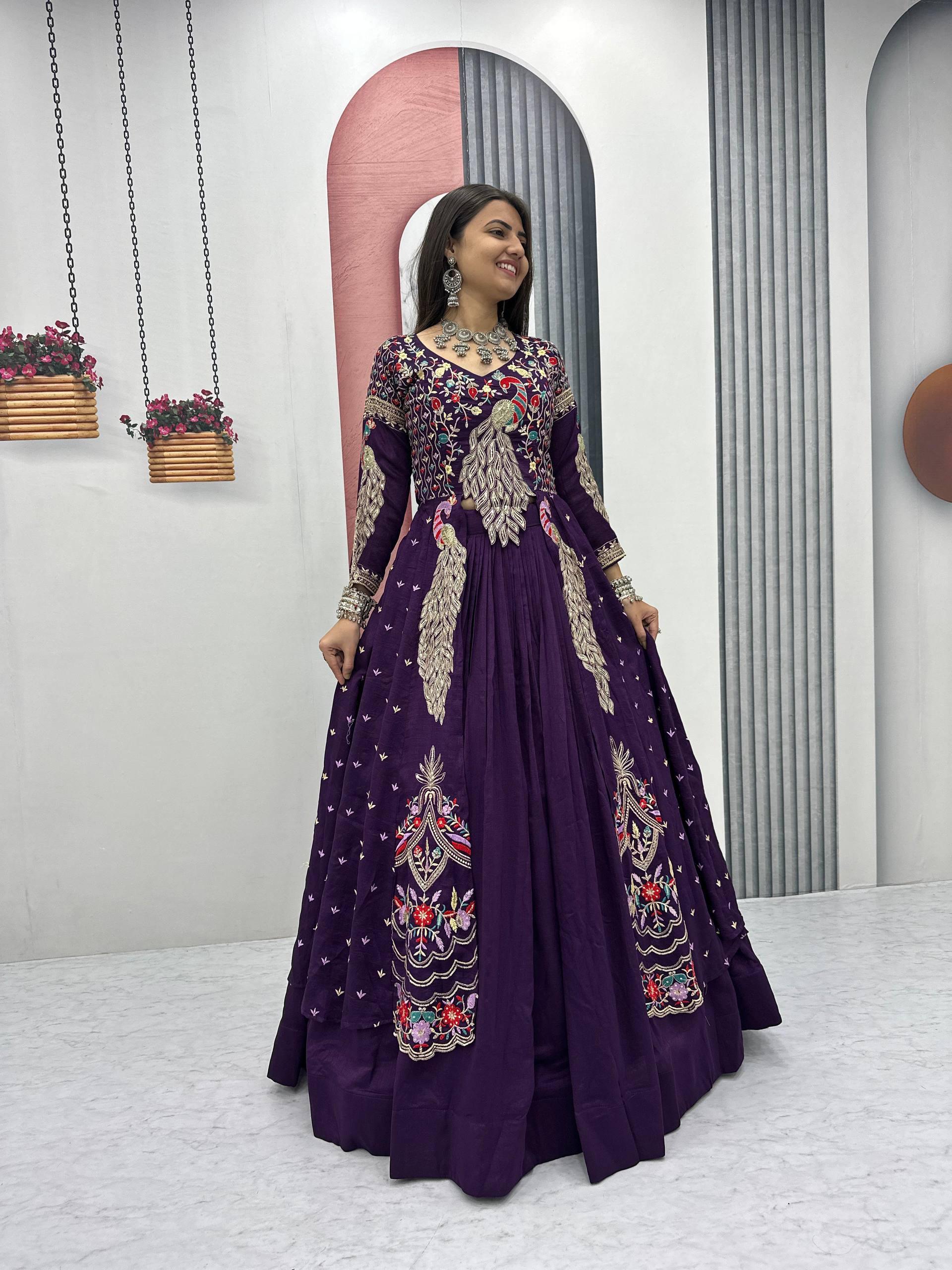 Yash Enterprise Purple Vichitra Silk Party Wear Embroidery Crop Top With Blouse Lehenga Choli - Distacart