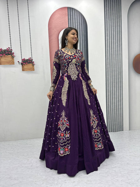 Yash Enterprise Purple Vichitra Silk Party Wear Embroidery Crop Top With Blouse Lehenga Choli