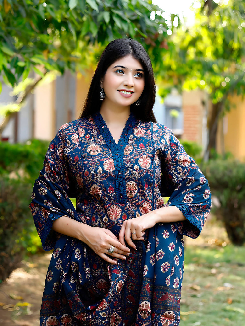 Hand Embroidered & Floral Printed Lace Detailed Kurta With Printed Pant & Dupatta Premium Luxury, Multicolor - Hiral Fashion