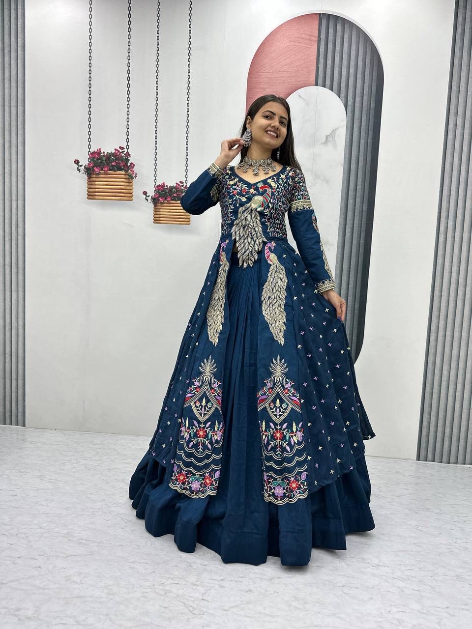 Yash Enterprise Rama Green Vichitra Silk Party Wear Embroidery Crop Top With Blouse Lehenga Choli - Distacart