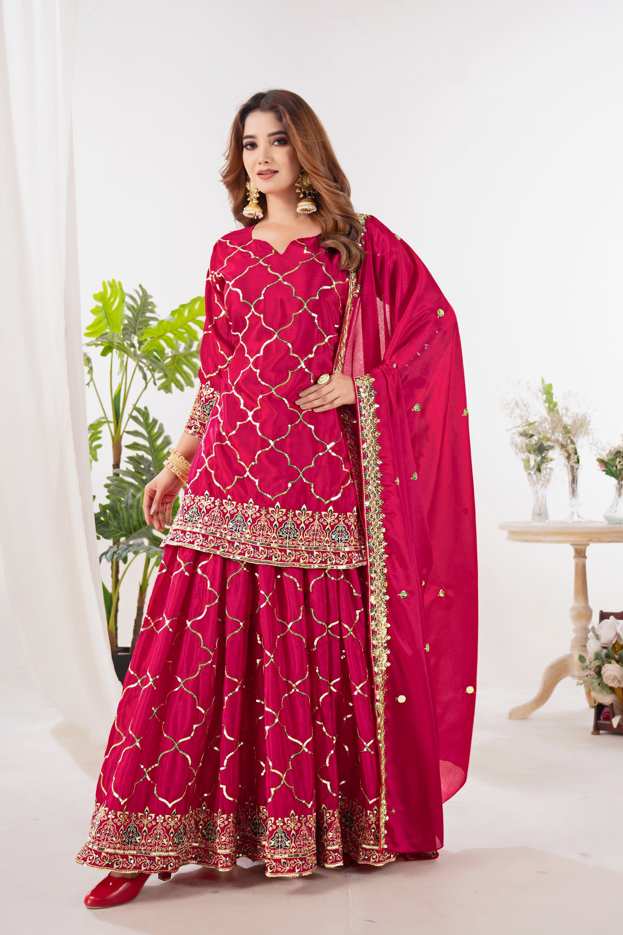 Yash Enterprise Red Chinnon Silk Embroidery Party Wear Suit Set - Distacart
