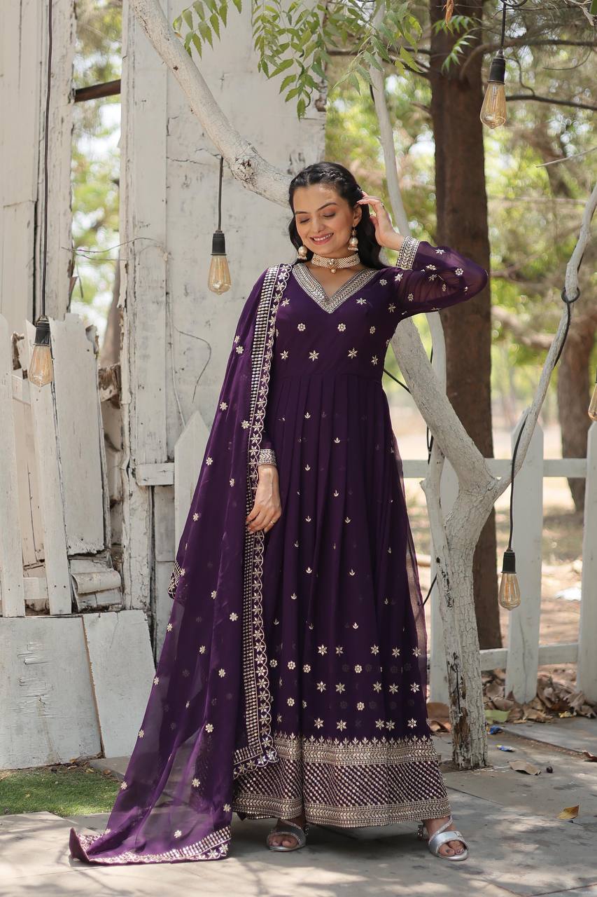 Yash Enterprise Purple Heavy Fux Blooming Embroidery Party Wear Suit - Distacart