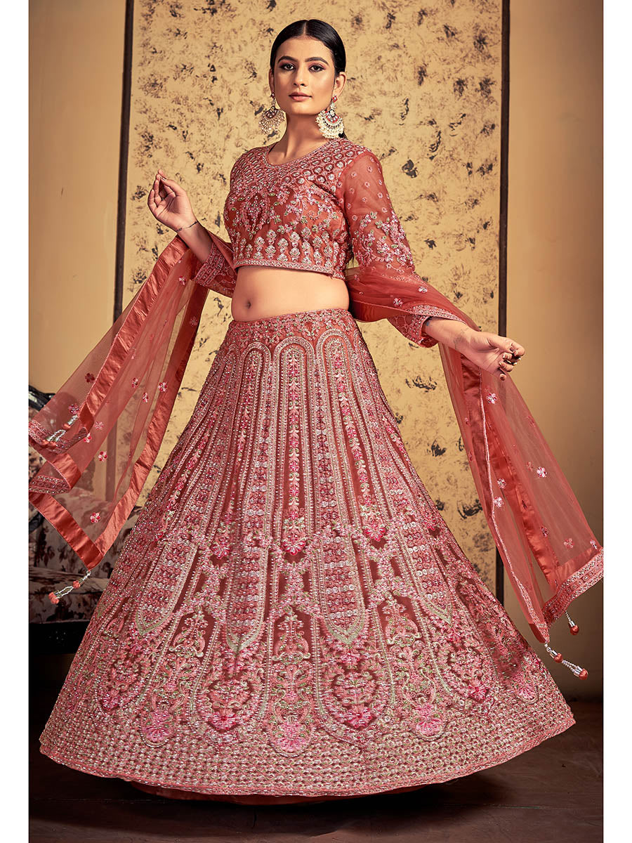 Myra Pink Taupe Soft Net Heavy Embroidered Designer Lehenga