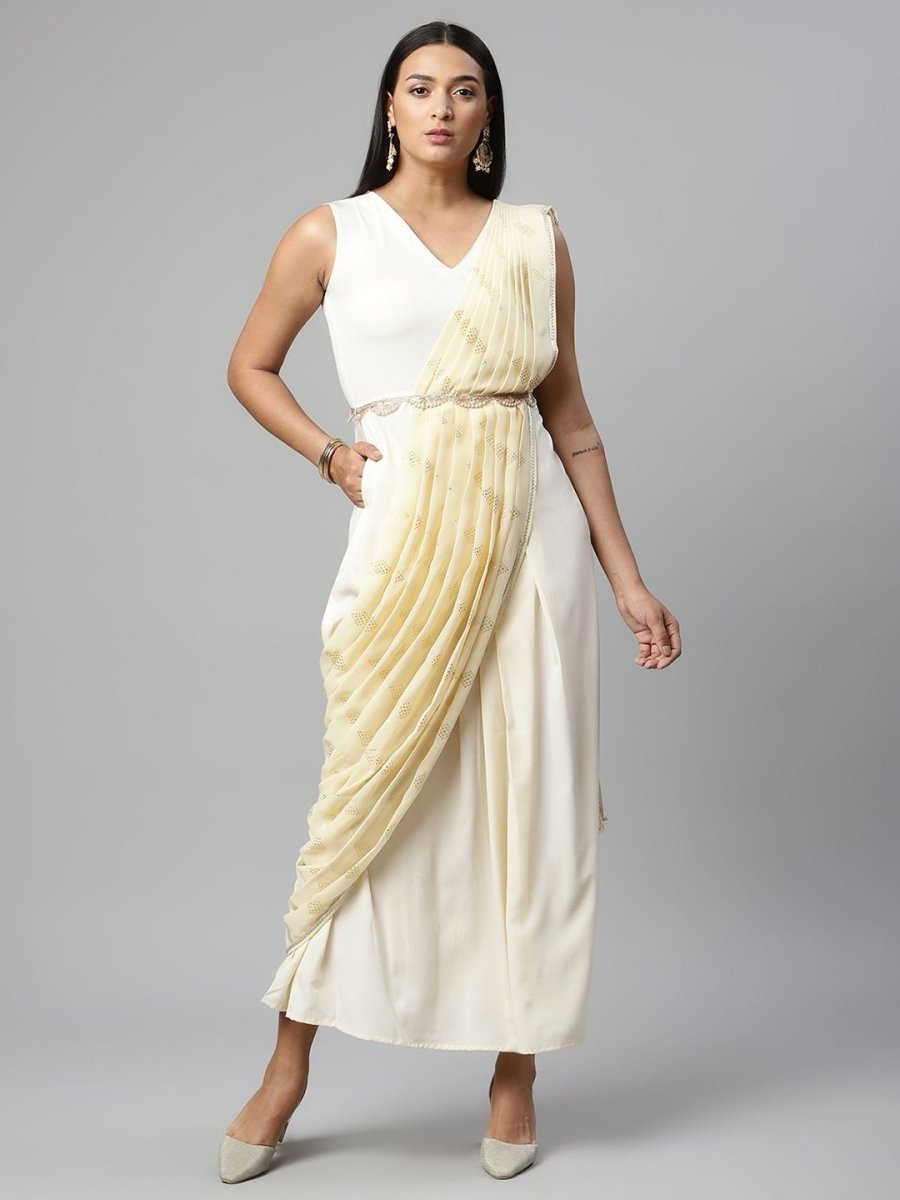 Ahalyaa Women Off White Crepe Georgette Saree Dress With Printed Pallu - Distacart