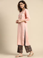 Sangria Women Floral Embroidered Thread Work Chanderi Silk Kurta With Palazzos & Dupatta
