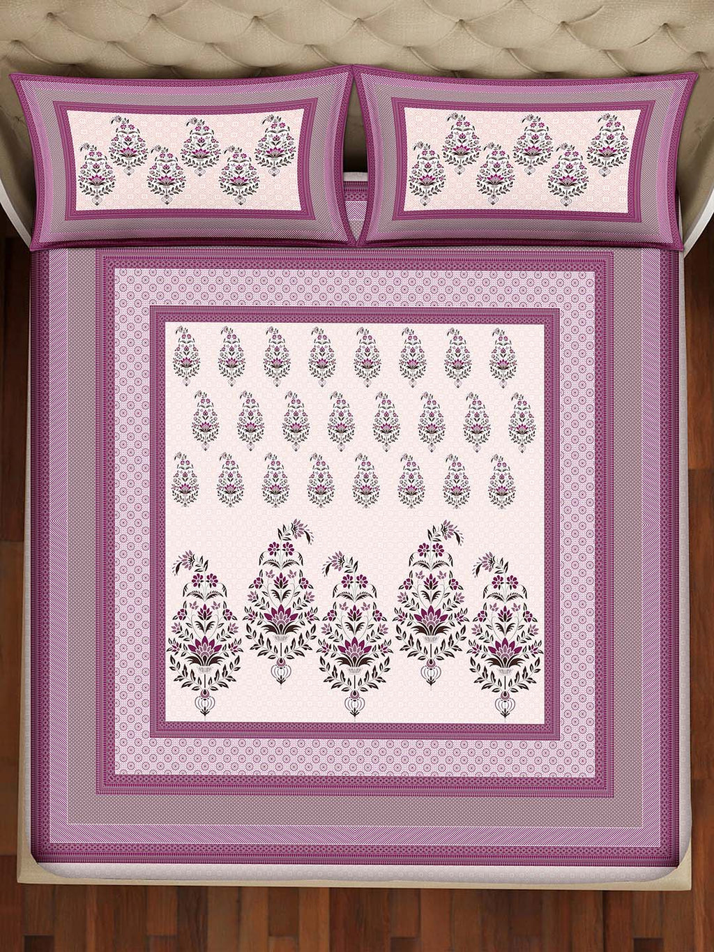 BELLA CASA Pink & White 350TC Ethnic Motifs Pure Cotton King Bedsheet with 2 Pillow Covers