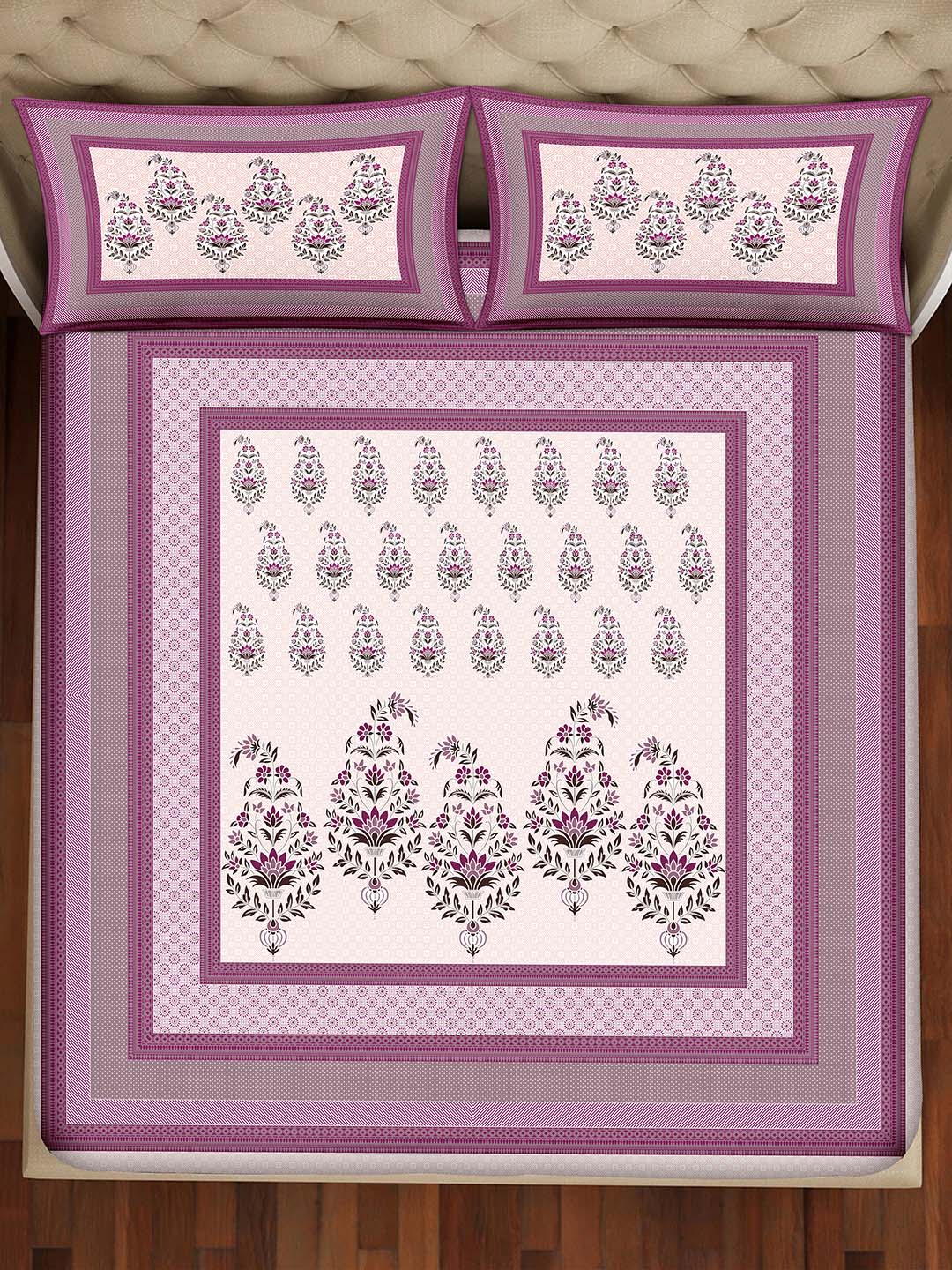 BELLA CASA Pink & White 350TC Ethnic Motifs Pure Cotton King Bedsheet with 2 Pillow Covers