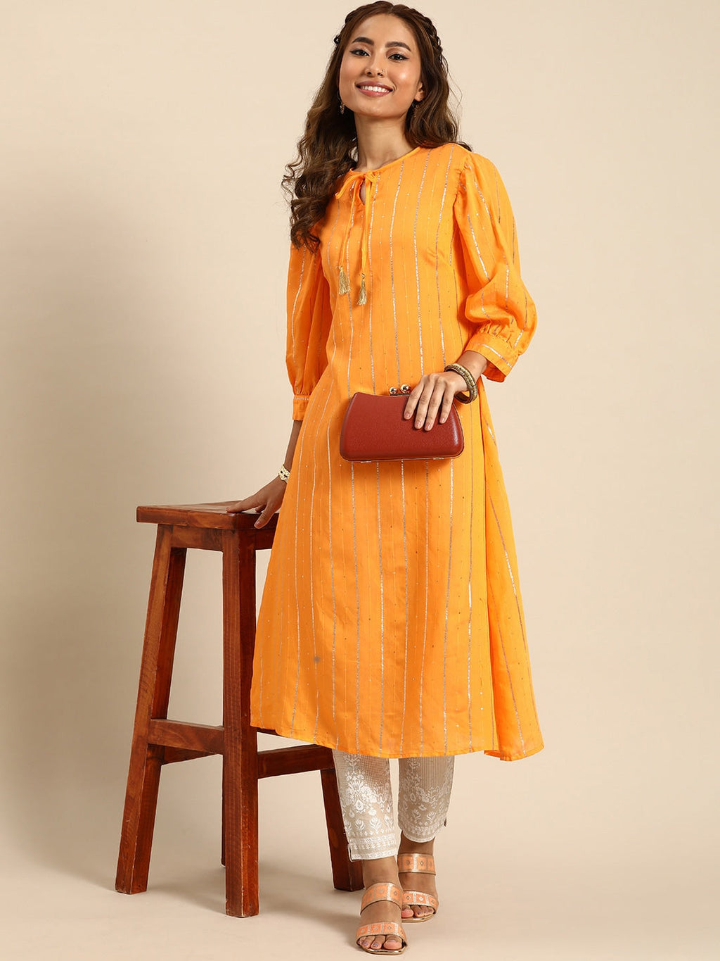 Sangria Women Jacquard Chanderi Silk Tie-Up Neck Puff Sleeves Kurta With Sequin Detail
