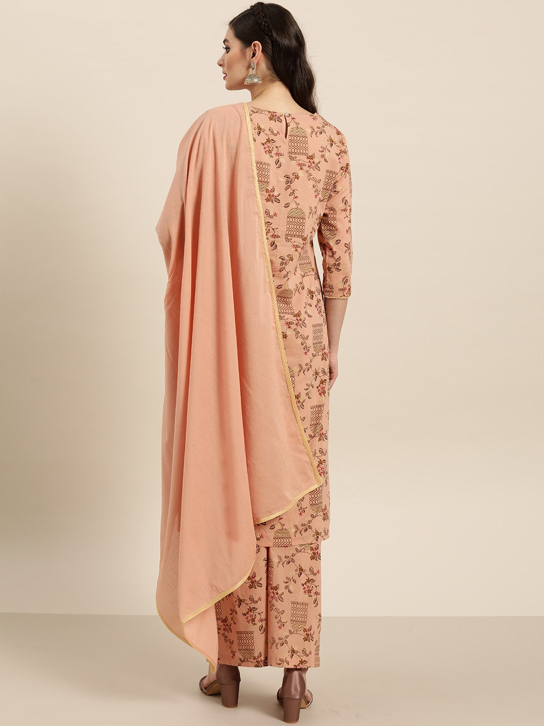 Sangria Women Dusty Pink & Brown Pure Cotton Printed Kurta with Palazzos & Dupatta